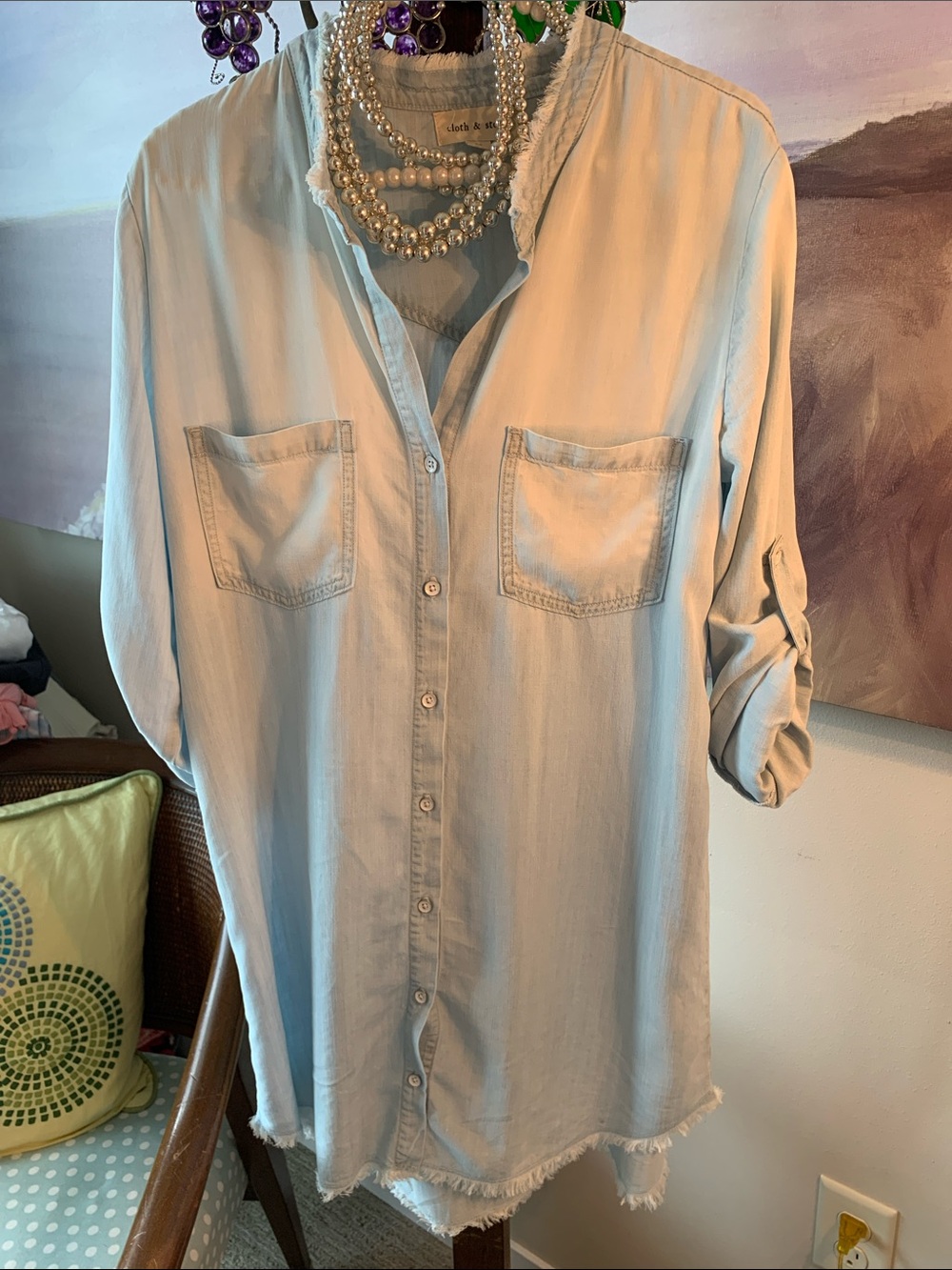 Anthropologie Cloth & Stone Light Blue Chambray Frayed Shirt Dress Size M EUC